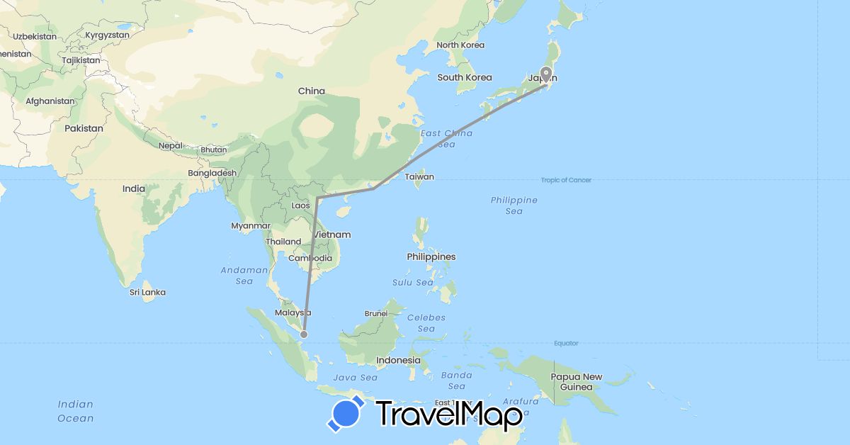 TravelMap itinerary: driving, plane in China, Japan, Singapore, Vietnam (Asia)